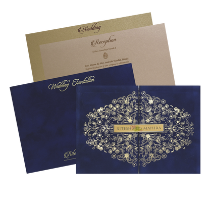 Royal Blue Gold Floral Padded Wedding Card - KMMWD1152