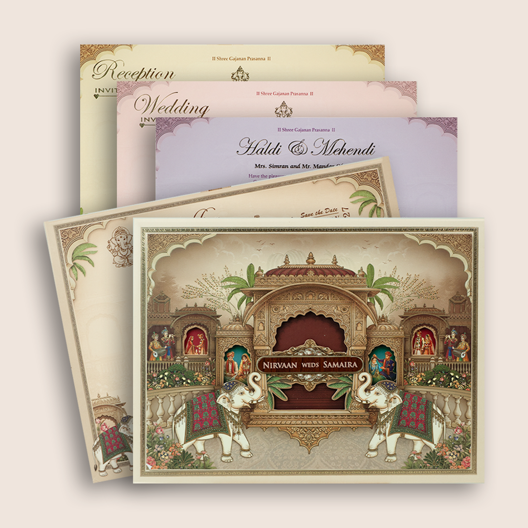 Beige Royal Elephant Laser Cut Padded Wedding Invitation - KSH27060