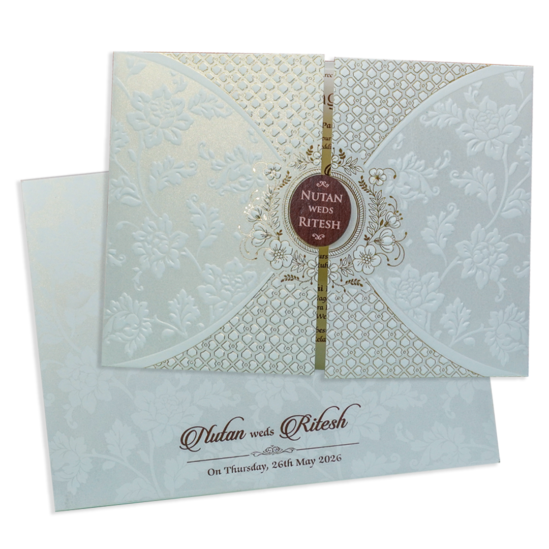 White Floral Patterned Embossed Padded Wedding Card - KRE28600