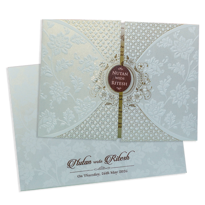 White Floral Patterned Embossed Padded Wedding Card - KRE28600