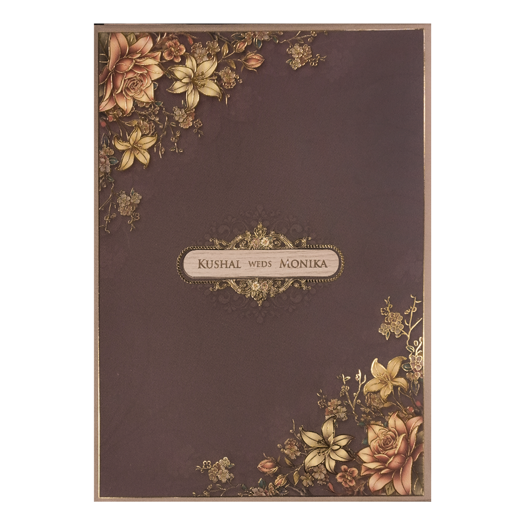 Brown Floral Padded Wedding Card-KSH72520