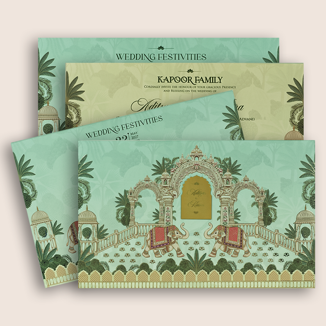 Pastel Green Embosses Elephant Padded Wedding Card - KFR17410