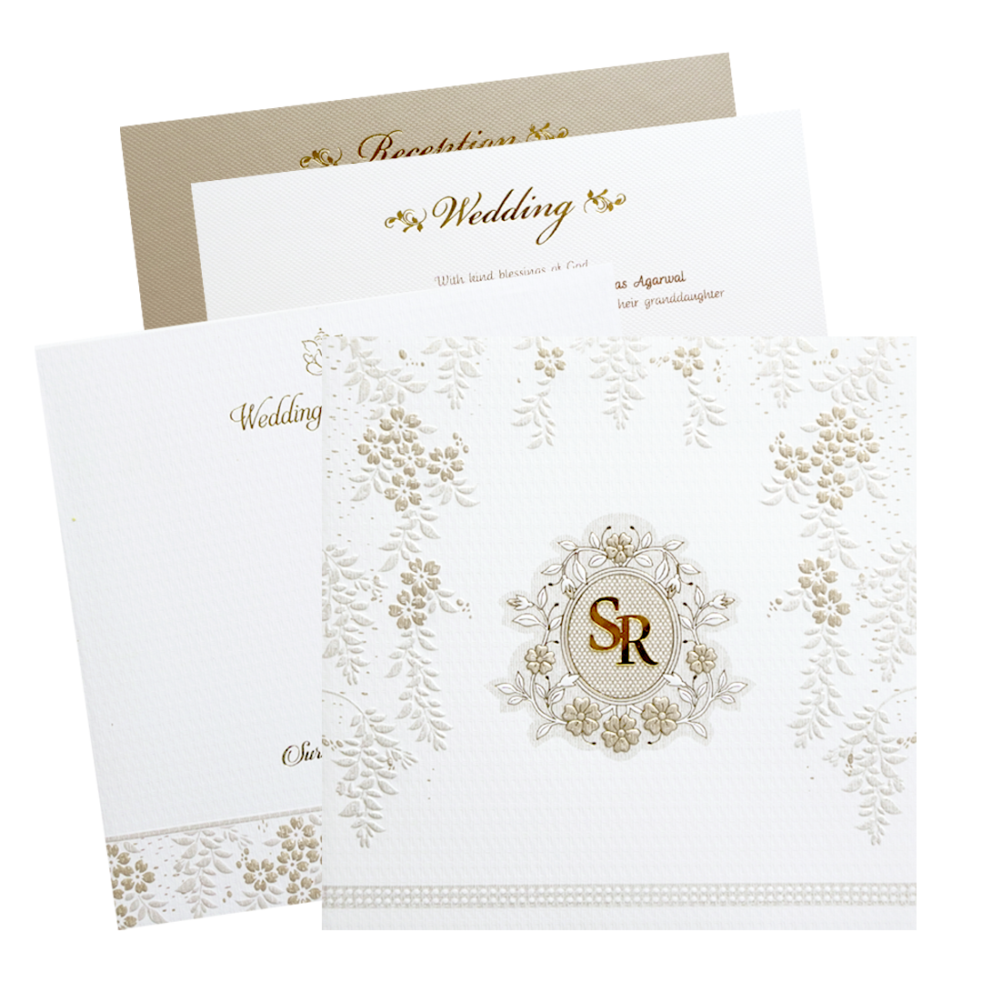 White Floral Embossed Padded Classic Wedding Card - KMMWD1102
