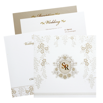 White Floral Embossed Padded Classic Wedding Card - KMMWD1102