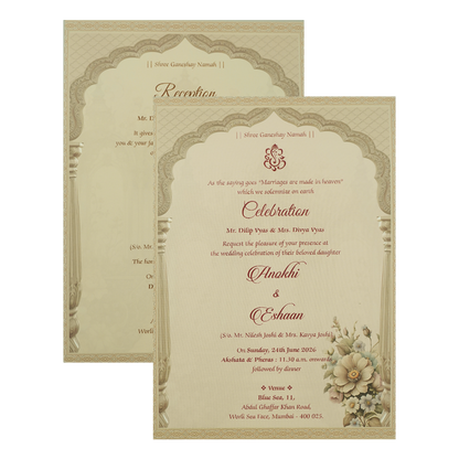 Gold Floral Arch Lasercut Padded Wedding Card-KJTS3683