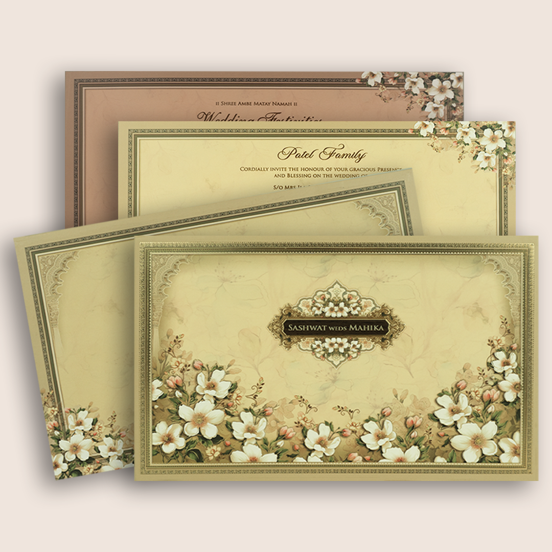 Beige Floral Padded Wedding Card - KRE28820