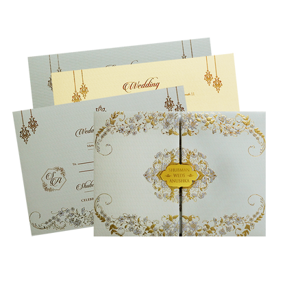 Grey Padded Embossed Floral Wedding Invitation Card-KRB09751