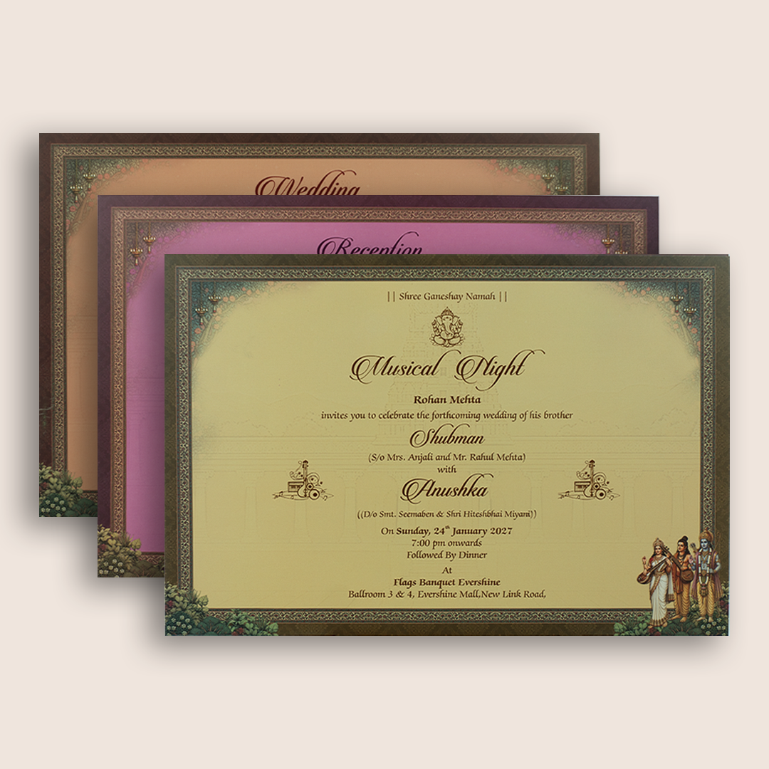 Purple Lord Lakshmi Narayan Padded Wedding Invitation Card - KRB10790