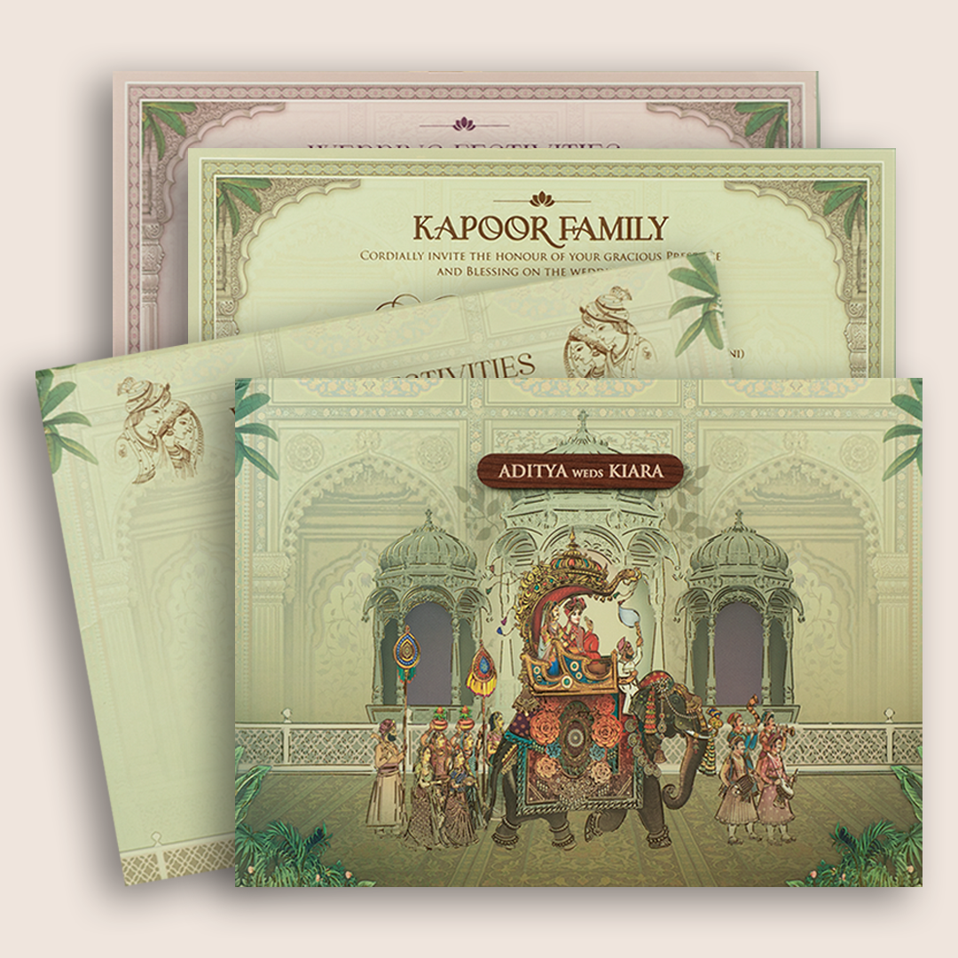 Pale Green Royal Baraat Padded Wedding Card - KFR17490