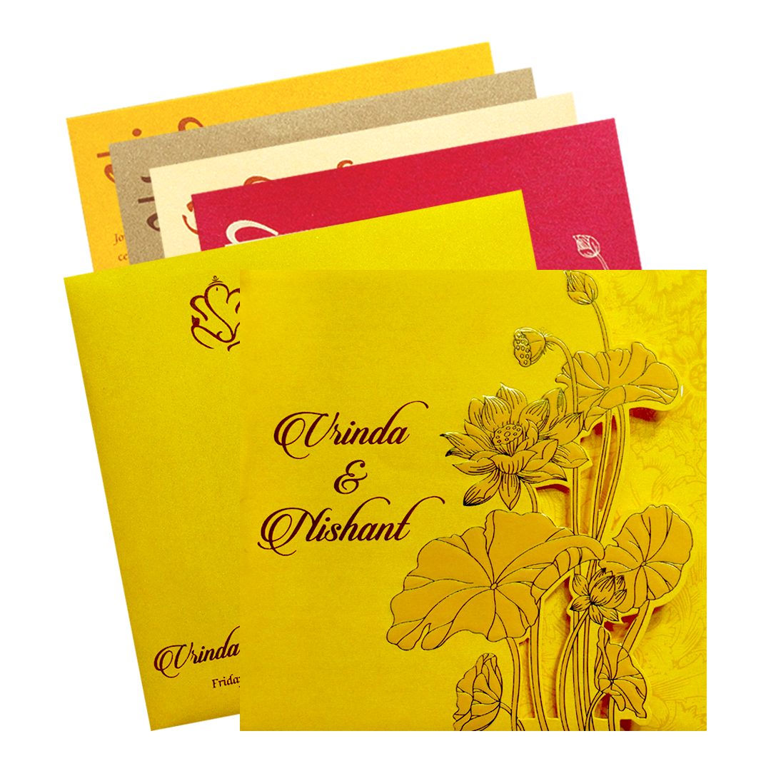 Yellow Lotus Laser Cut Door Style Wedding Card-KPR06120