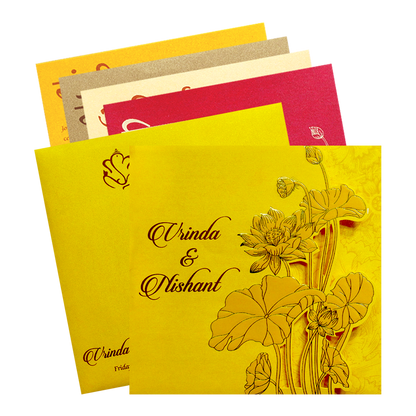 Shop Yellow Lotus Laser Cut Door Style Wedding Card with 4 colorful inserts. ?WhatsApp Support ?Express Delivery.