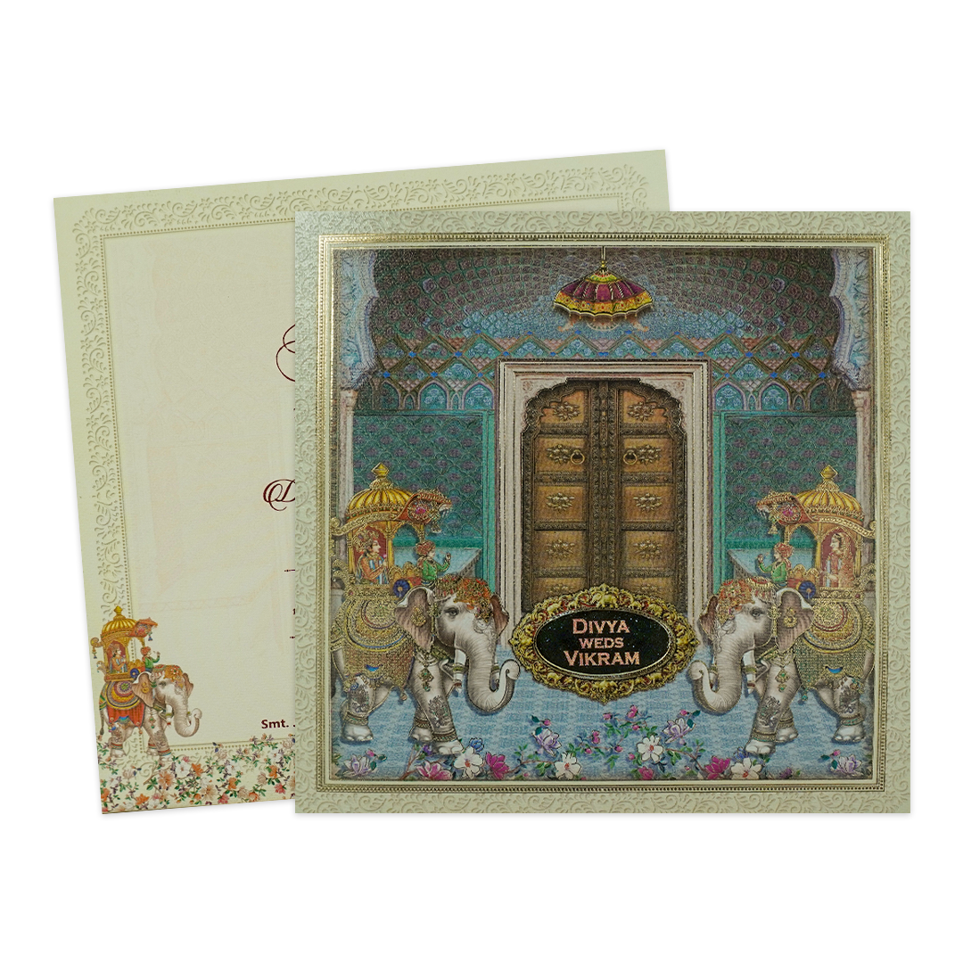 Blue Royal Floral Palace Wedding Card-KNKD8109