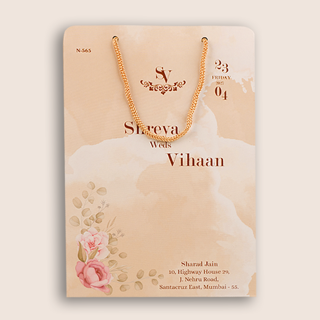 Cream Floral Padded Door Style Marriage Invitation - KVN05650