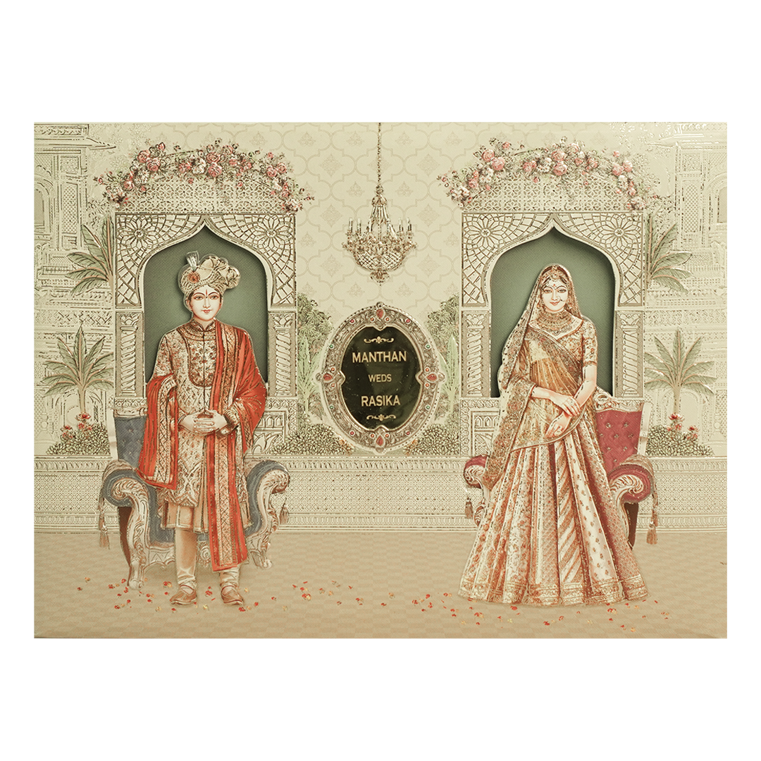 Cream Bride Groom Palace Wedding Invitation Box - KSI63960