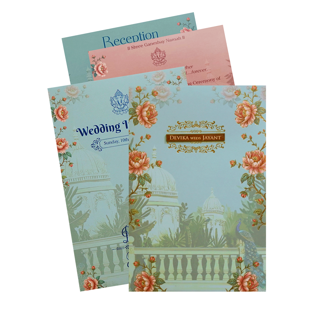 Mint Blue Padded Palace Peacock Wedding Card- KVN07380