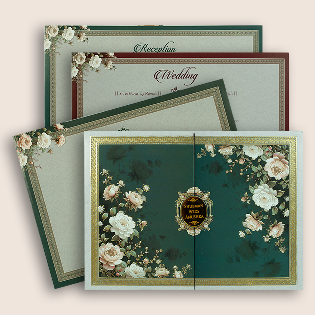 Green Floral Padded Door Style Wedding Invitation - KRB10650