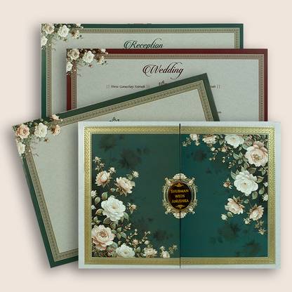 Green Floral Padded Door Style Wedding Invitation - KRB10650