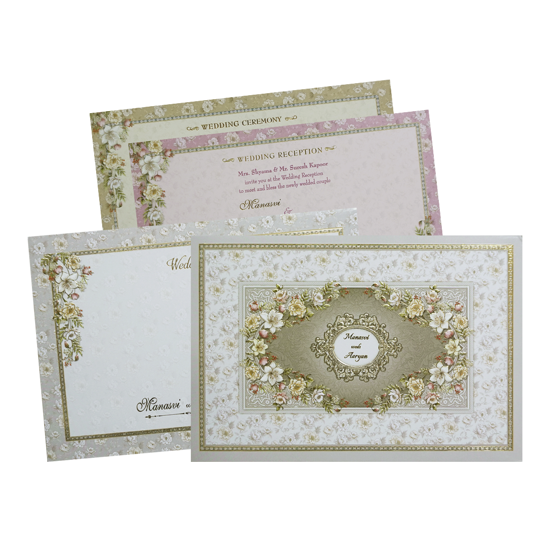 Grey Floral Frame Padded Wedding Card -KMMWD1142
