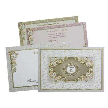 Grey Floral Frame Padded Wedding Card -KMMWD1142