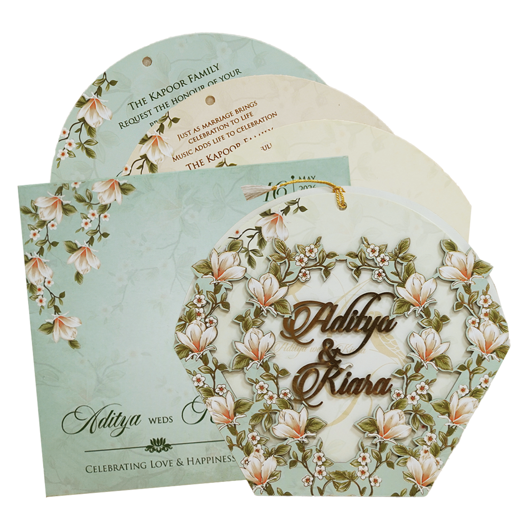 Pastel Green Peach Floral Wedding Card - KFR16110
