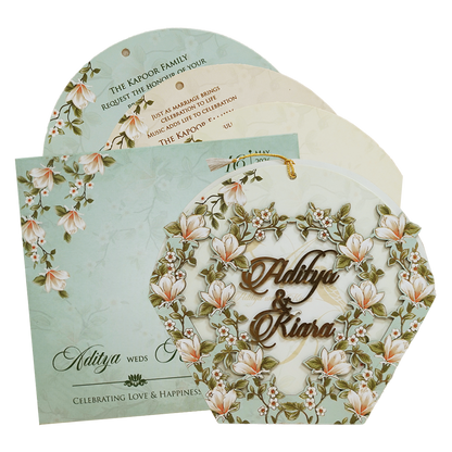 Pastel Green Peach Floral Wedding Card - KFR16110