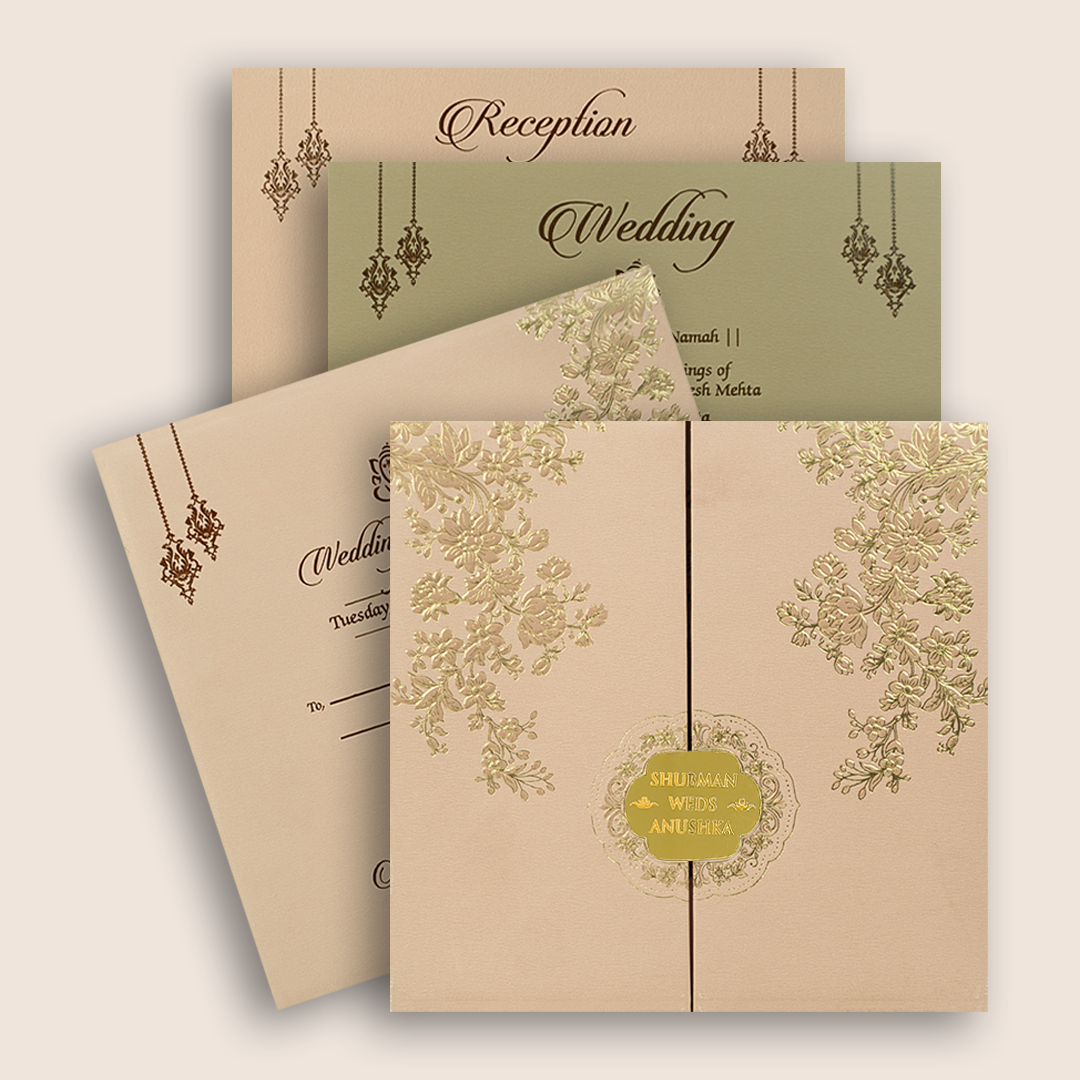 Peach Embossed Floral Door Style Padded Wedding Invitation - KRB10440