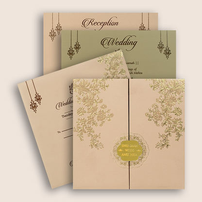 Peach Embossed Floral Door Style Padded Wedding Invitation - KRB10440