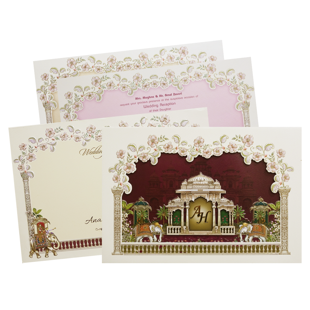 Cream Laser Cut Padded Royal Marriage Ceremony Wedding Card-KMMEX8130