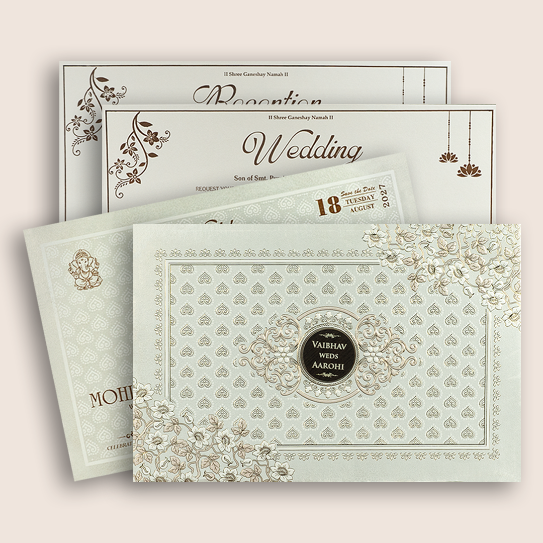 White Floral Padded Wedding Invitation Card - KSH27250