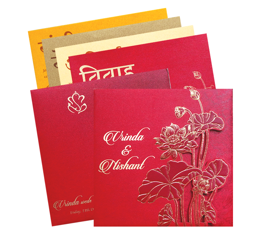 Red Lotus Laser Cut Door Style Wedding Card-KPR06110