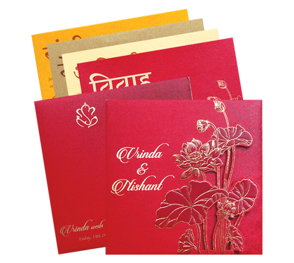 Red Lotus Laser Cut Door Style Wedding Card-KPR06110