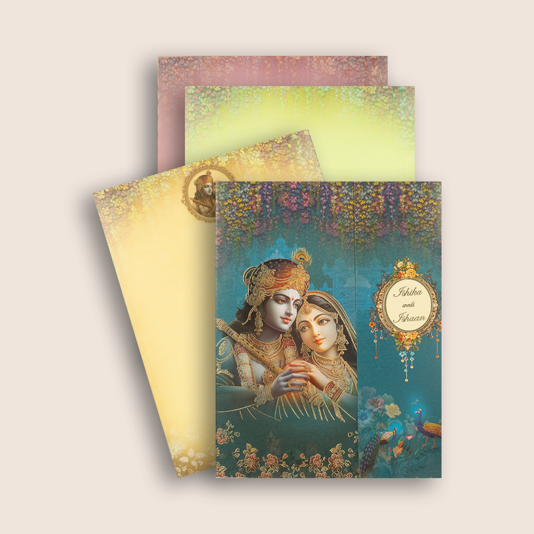 Royal Blue Radha Krishna Door Style Wedding Card - KAA05080