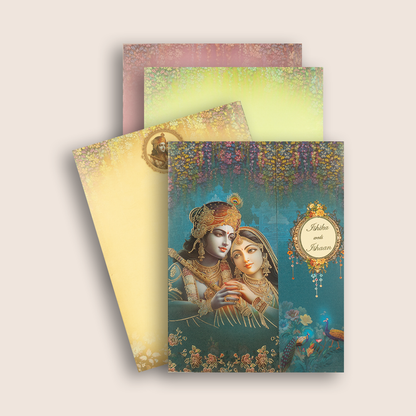 Royal Blue Radha Krishna Door Style Wedding Card - KAA05080