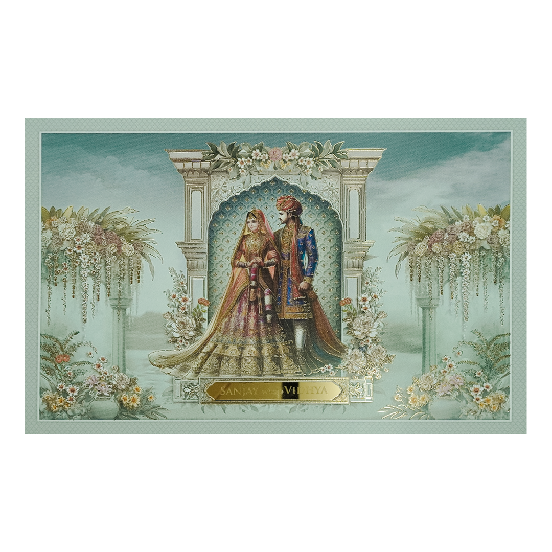 Green Royal Couple Floral Wedding Card-KSH73120