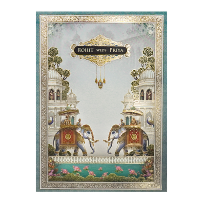 White Royal Elephant Padded Wedding Card-KSH72260