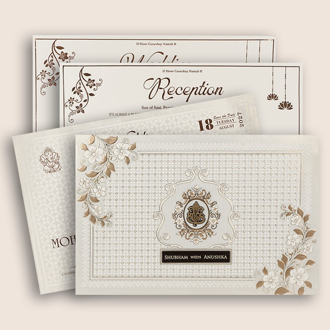 White Floral Padded Wedding Invitation Card - KSH27240