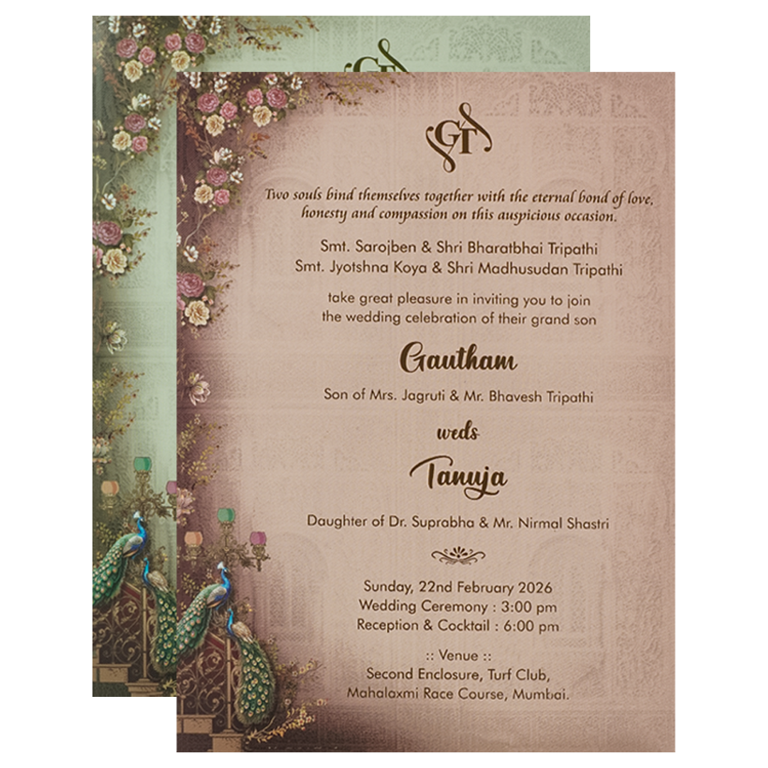 Brown Peacock Mandir Wedding Card-KSI64790