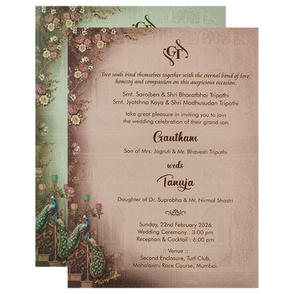 Brown Peacock Mandir Wedding Card-KSI64790