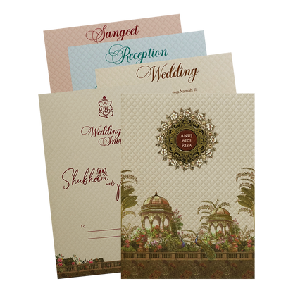 Cream Palace Peacock Padded Wedding Card - KSH72470