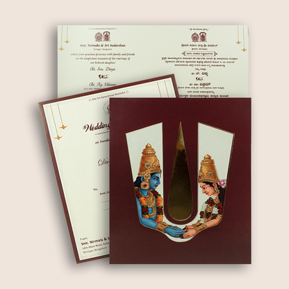 Maroon Vaishnava Tilak Balaji Padmavathi Wedding Card - KNKJ1168