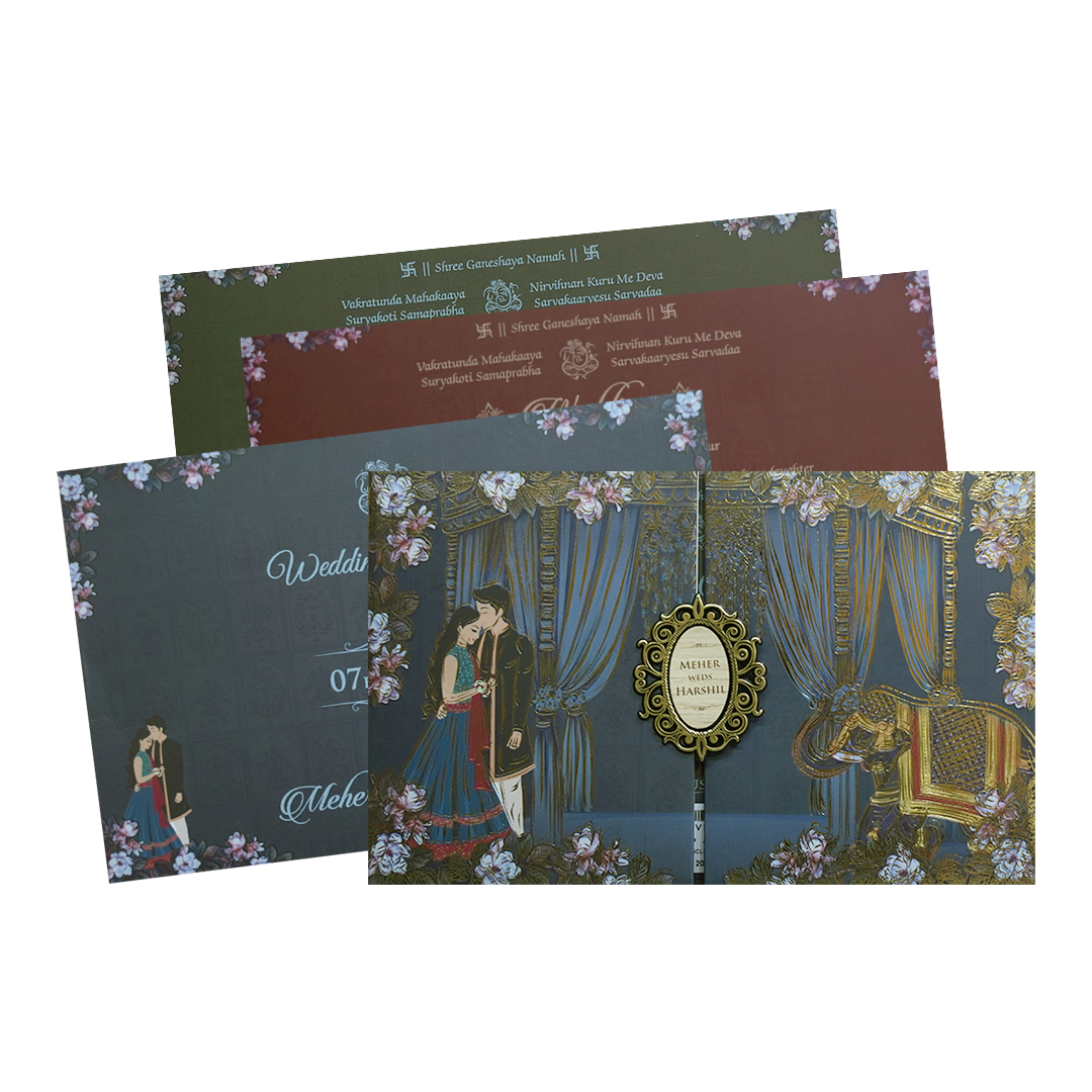 Navy Blue Padded Royal Curtain Wedding Invitation - KVN07440