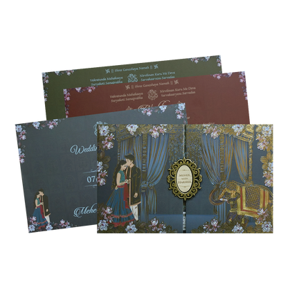 Navy Blue Padded Royal Curtain Wedding Invitation - KVN07440