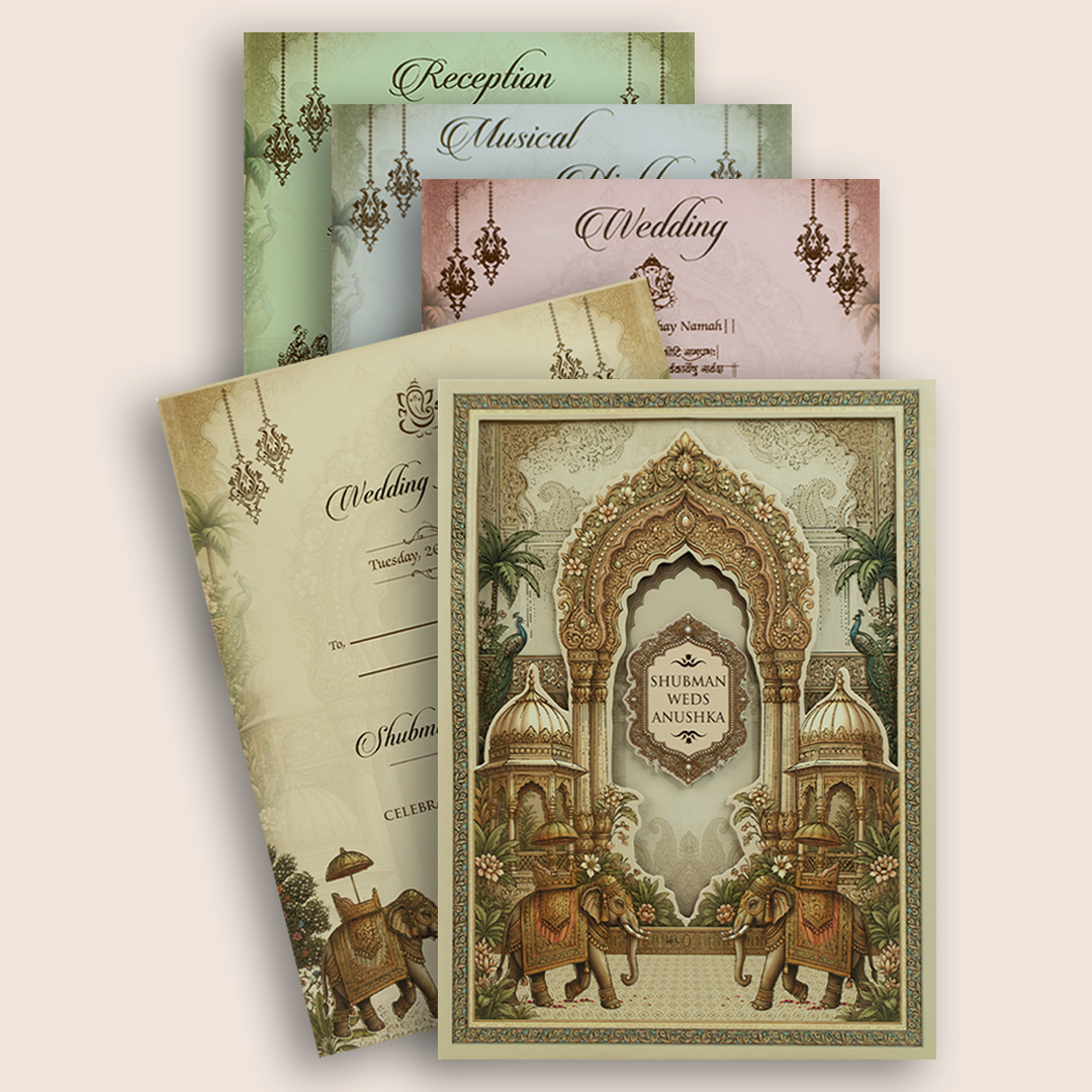 Beige Laser Cut Royal Elephant Floral Padded Marriage Card - KRB10910