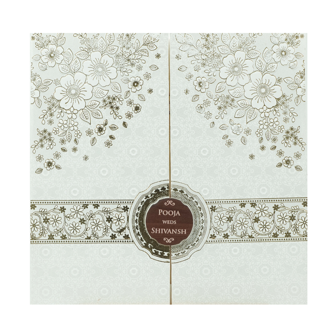 White Floral Gold Band Wedding Card-KRE27010