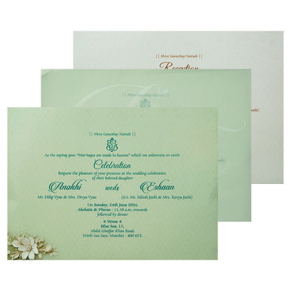 Mint Green Floral Laser Cut Padded Wedding Card-KJTS3680