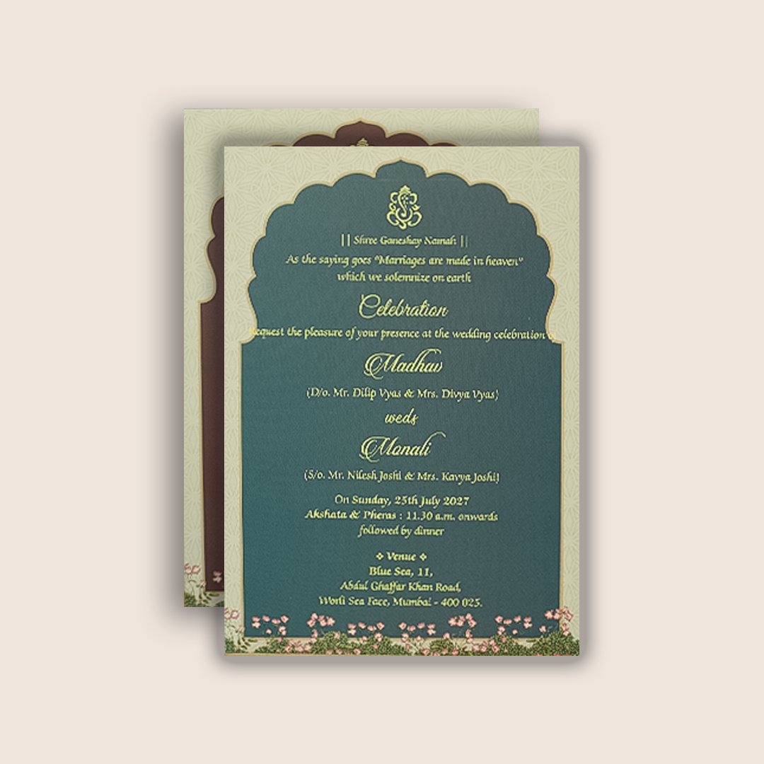 Navy Blue Floral Door  Style Padded Invitation Card - KJTS3676