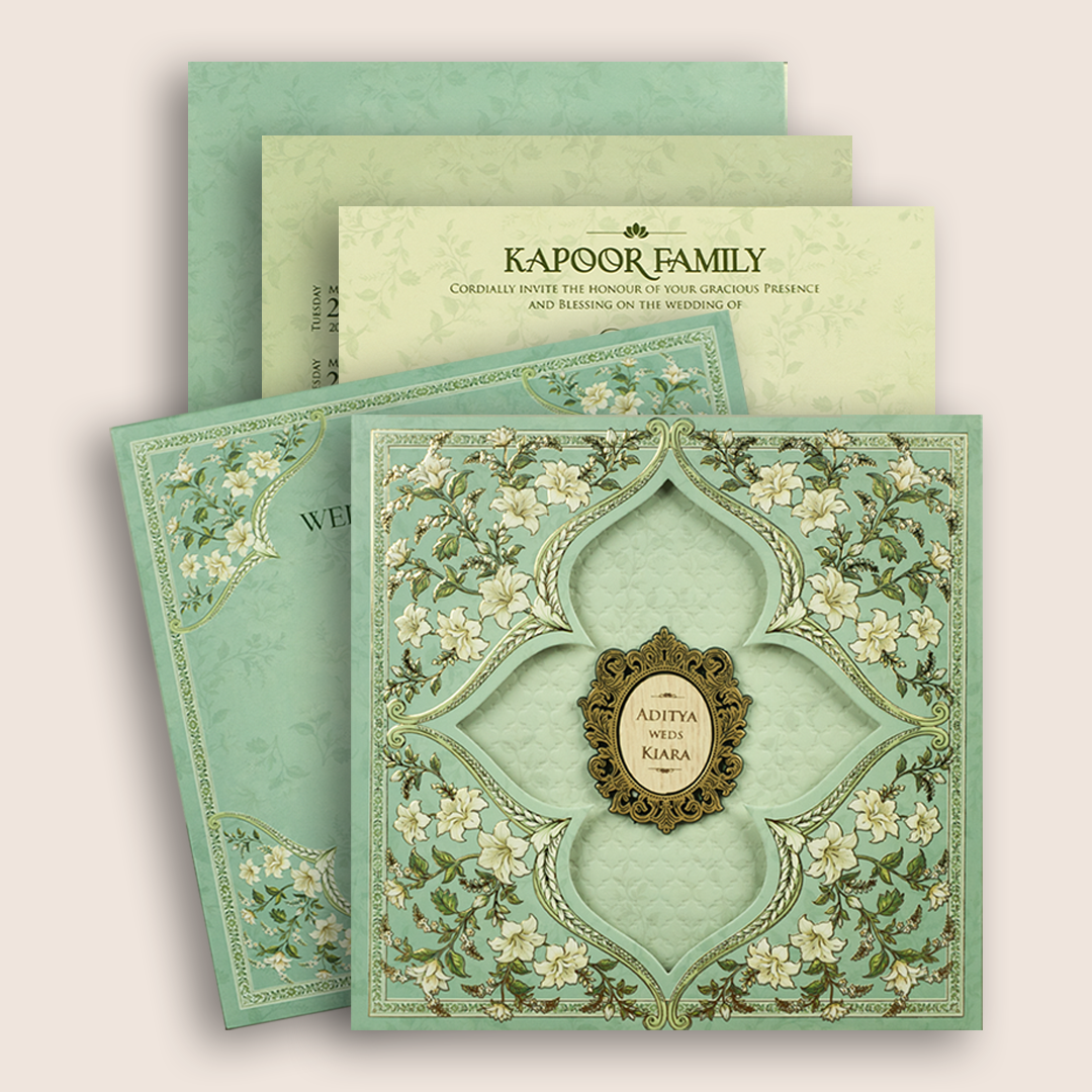Green Floral Laser Cut Padded Wedding Invitation - KFR17460