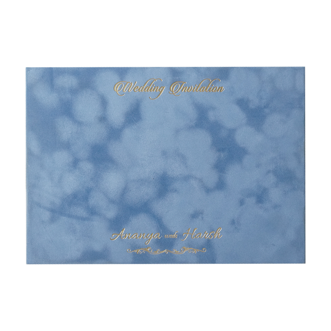 Blue Floral Emblem Padded Wedding Card-KMMWD1160