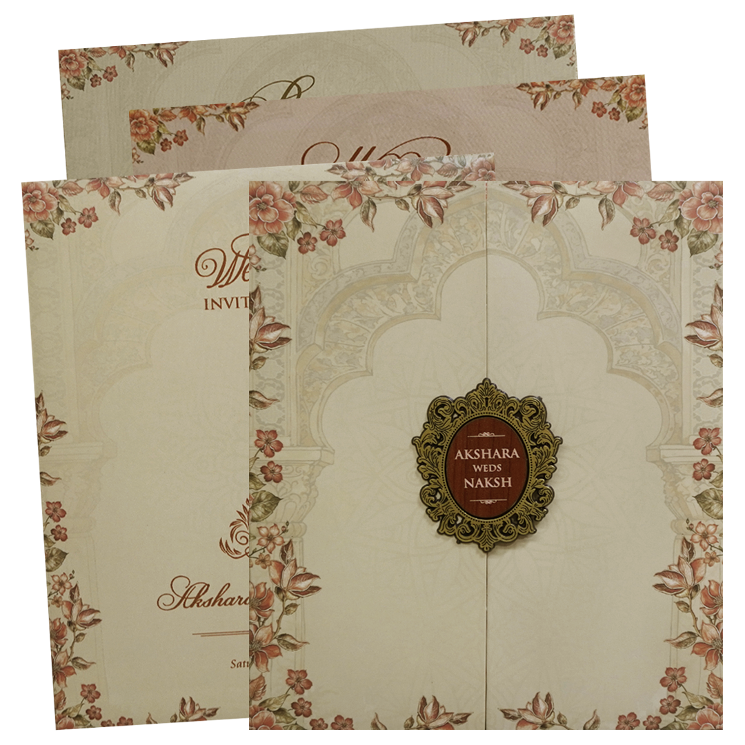 Cream Floral Arch Door Wedding Invitation Card - KVN07590