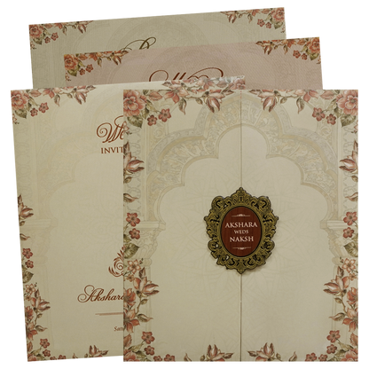 Cream Floral Arch Door Wedding Invitation Card - KVN07590